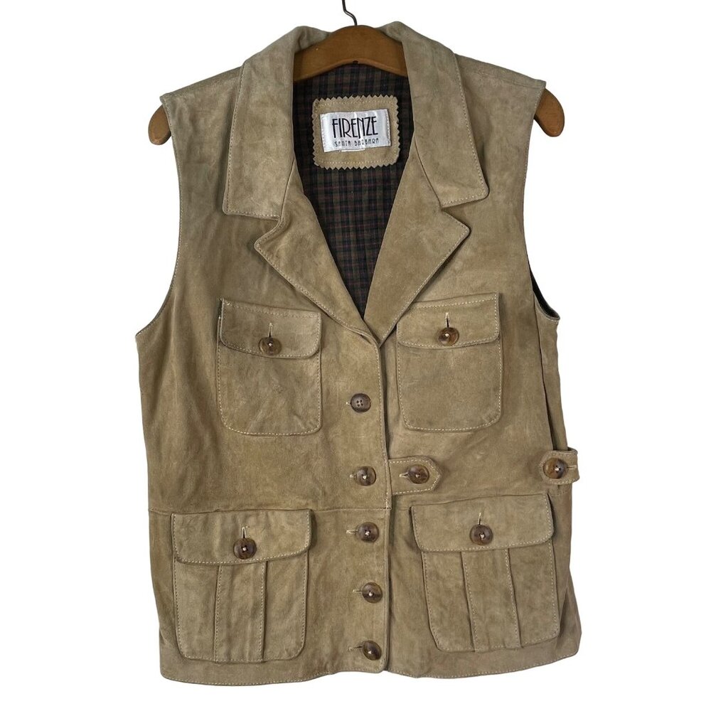 Vintage 90s Firenze Santa Barbara Utility Vest Size Medium Suede Leather Tan